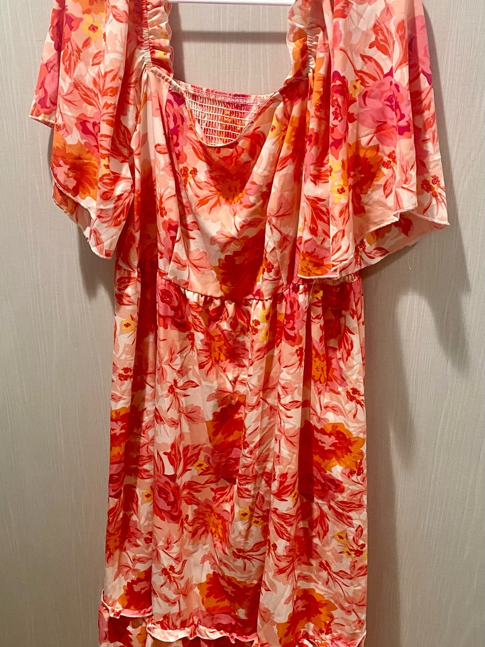 Shein Floral Off-Shoulder Midi Dress in Pink & Orange